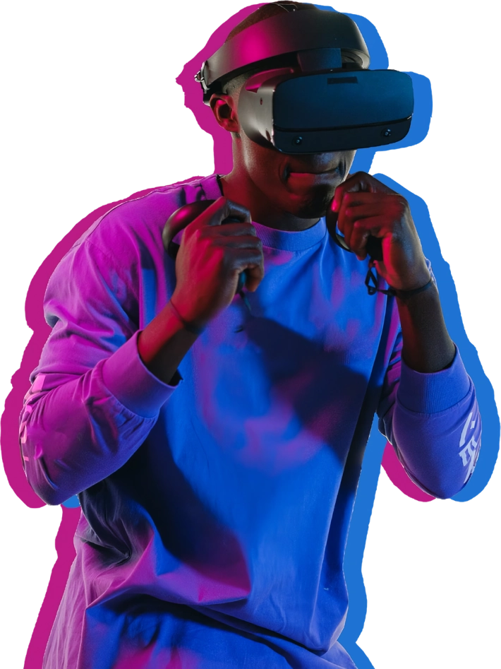 A man wearing a vr headset and holding something.