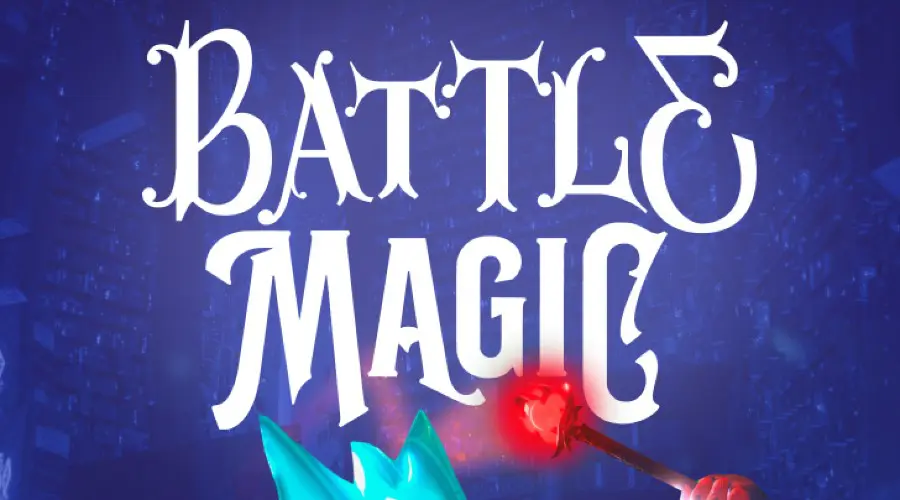 A blue sign with the words battle magic written in white.