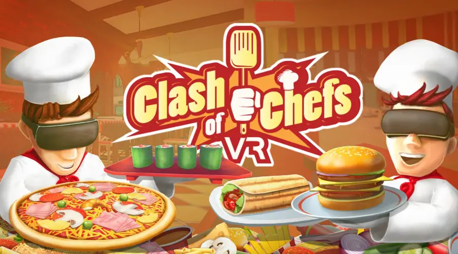 A table with various foods on it and the words clash of chefs vr.