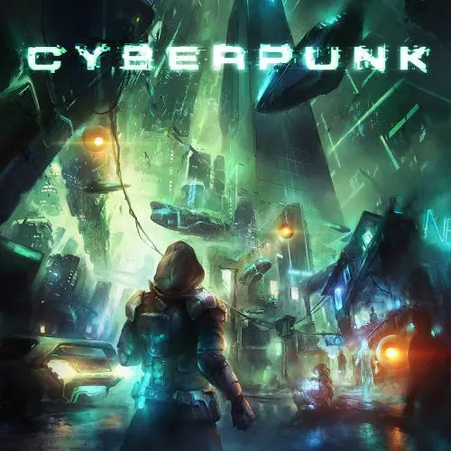 A cyberpunk poster with a woman standing in the middle of a city.