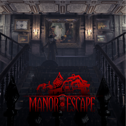 A dark staircase with the words manor of escape written in red.