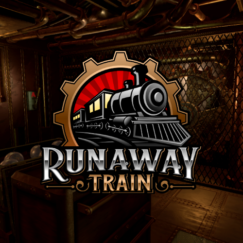 A train engine with the words runaway train above it.