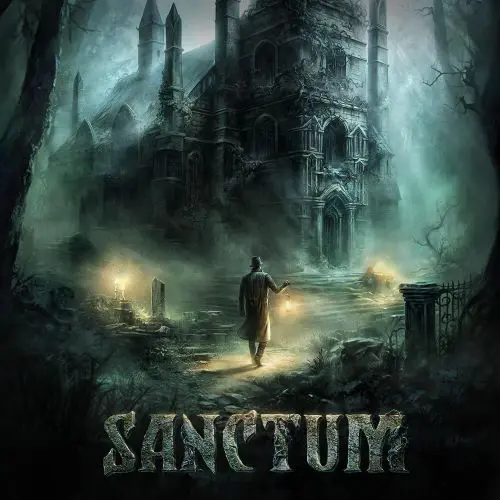 A man standing in front of a castle with the word sanctum written underneath.