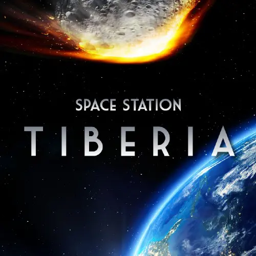 A space station tiberia poster with an asteroid and earth.