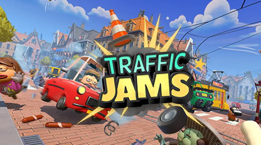 A cartoon picture of traffic jams with cars and cones.