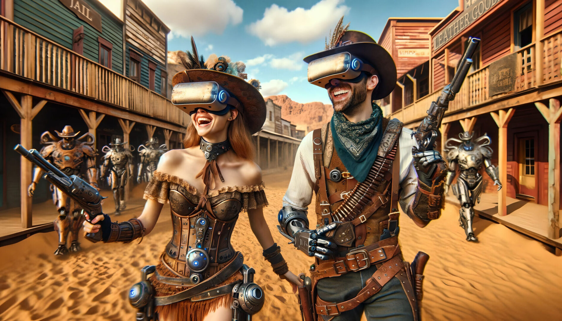 Hiya, cowboys! Immerse yourself in the world of futuristic shooter, where the spirit of the Old West collides with advanced technology. Carve your name into the history of a robot-populated world where wars, diseases and natural disasters have erased humanity from the face of the earth. And yet humans have managed to leave their farewell legacy - immortal robots with human consciousness, along with all feelings and emotions. Get ready for an extraordinary journey through the captivating locations of the post-apocalyptic world. From the sun-baked streets of abandoned cities to the ominous depths of dark forests and spacious canyons. Find your way to the heart of this world - the Tower of Rebirth - and partake in the historic battle which determines the fate of the robot civilization. Will the thirst for power win over prudence? Take a break from the intense gunfights in a cozy bar with a glass of fragrant machine oil, listening to a bartender's smooth stories, in which the past and the future intertwine in a dance, creating an unbelievable depiction of the world. A world long after mankind.